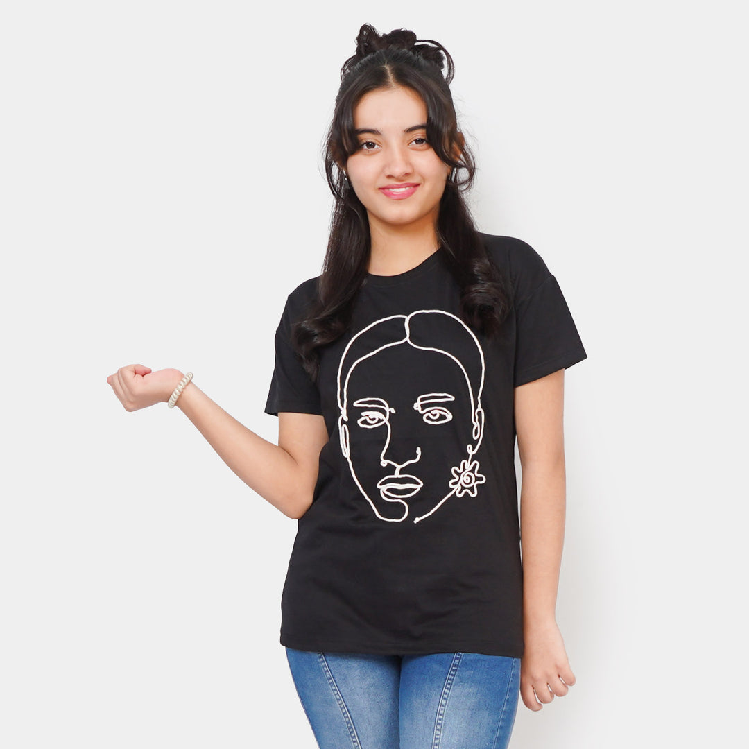 Girls Teens Cotton T-Shirt Face - Black