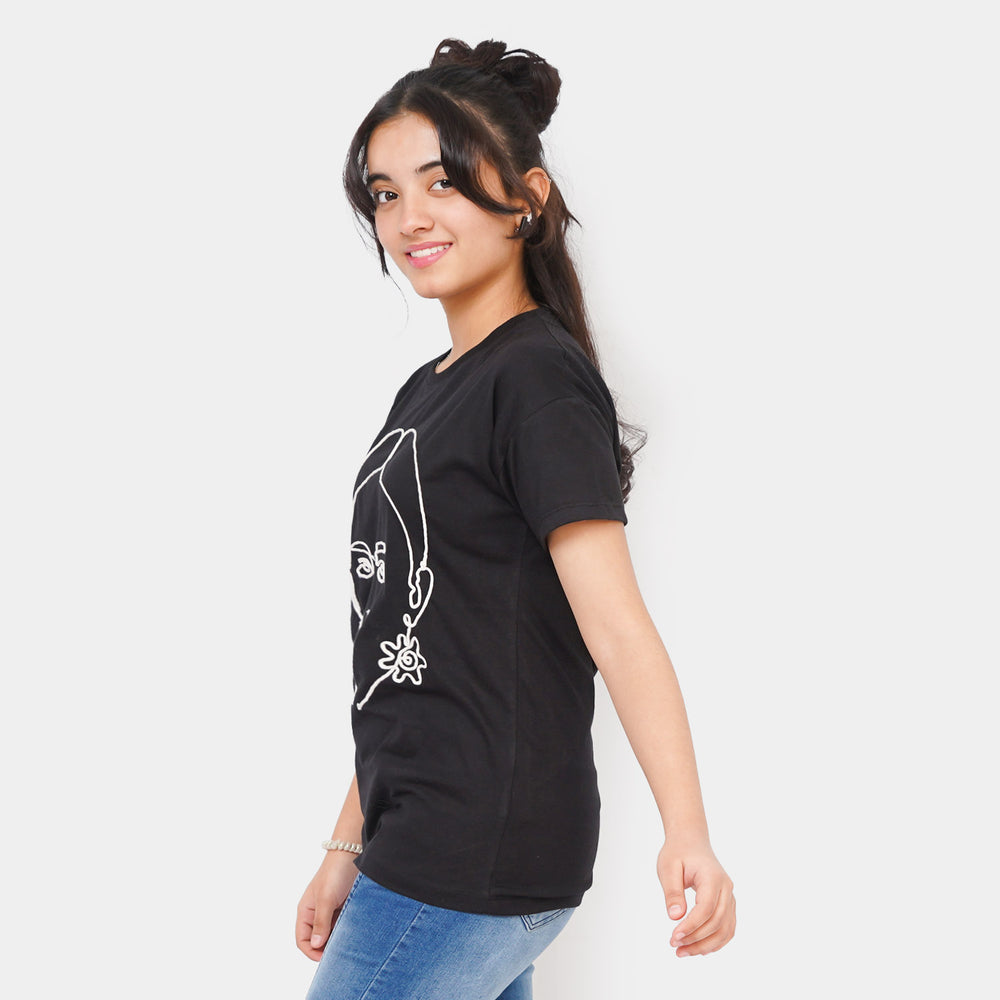 Girls Teens Cotton T-Shirt Face - Black