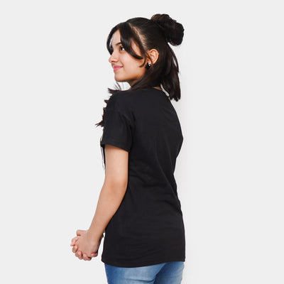 Girls Teens Cotton T-Shirt Face - Black
