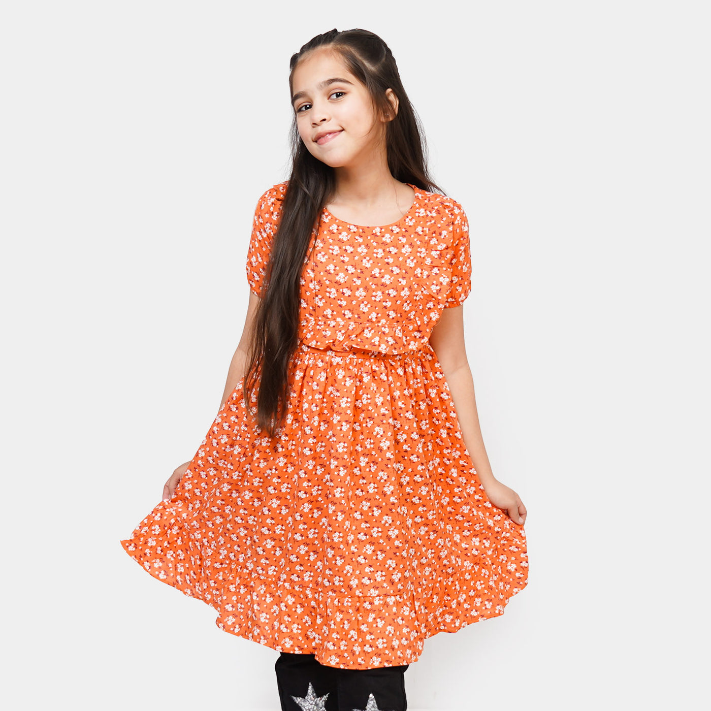 Girls Linen Casual Frock - Orange