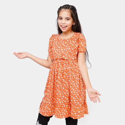 Girls Linen Casual Frock - Orange