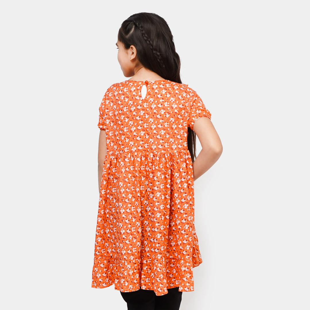 Girls Linen Casual Frock - Orange