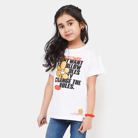 Girls Cotton T-Shirt Sun Flower - White