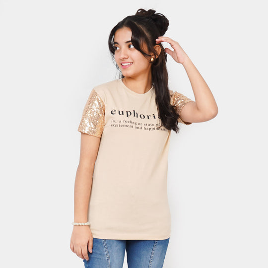 Girls Teens Cotton T-Shirt Euphoria - Beige