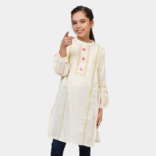 Girls Cotton Embroidered Kurti - Lime