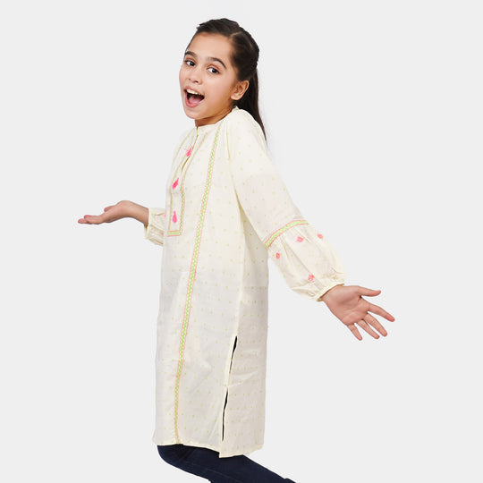 Girls Cotton Embroidered Kurti - Lime