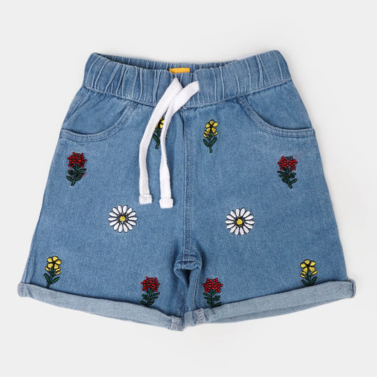 Girls Denim Short Floral - Ice Blue