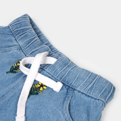 Girls Denim Short Floral - Ice Blue