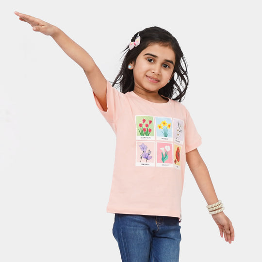 Girls Cotton T-Shirt H/S Multi Flowers - Peach