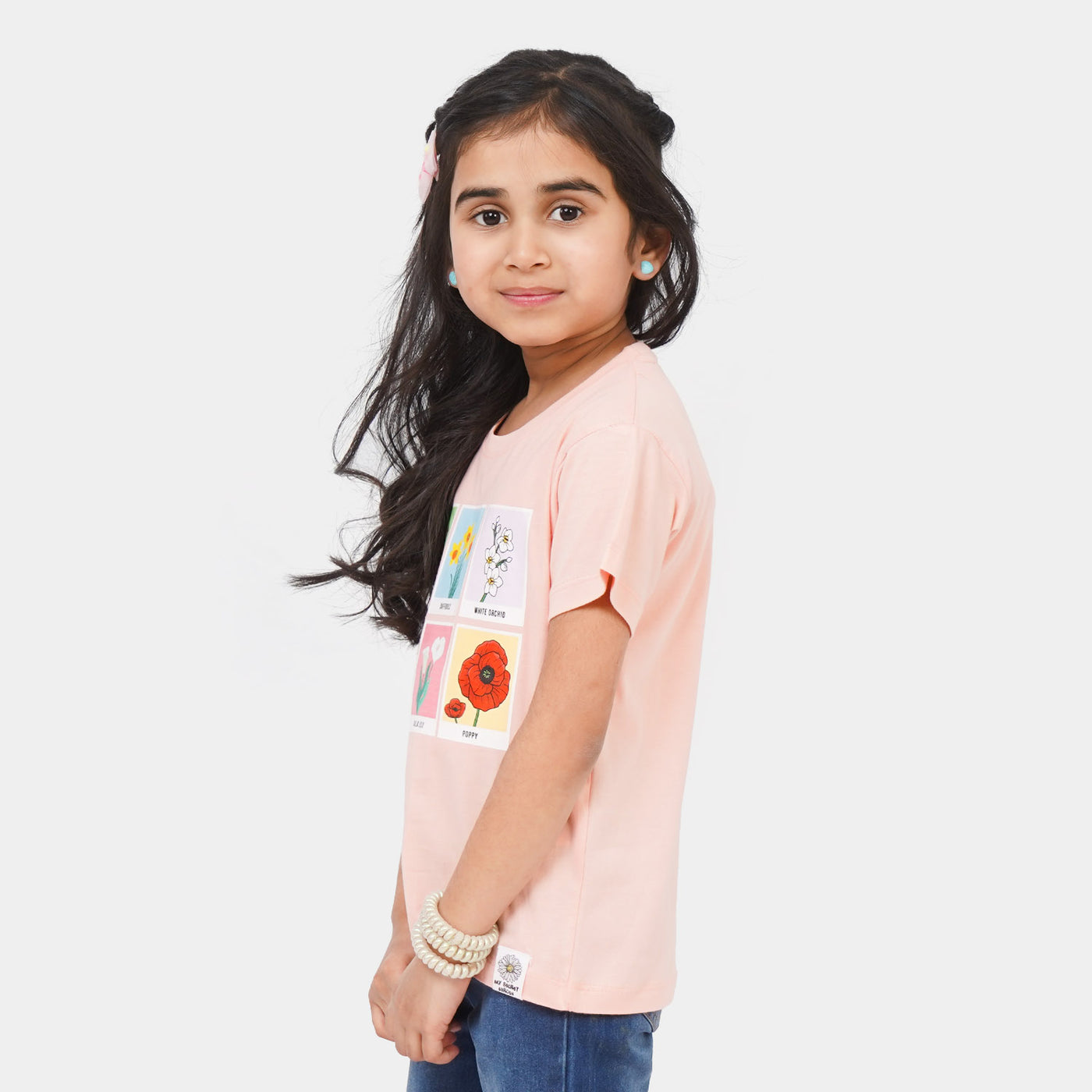 Girls Cotton T-Shirt H/S Multi Flowers - Peach