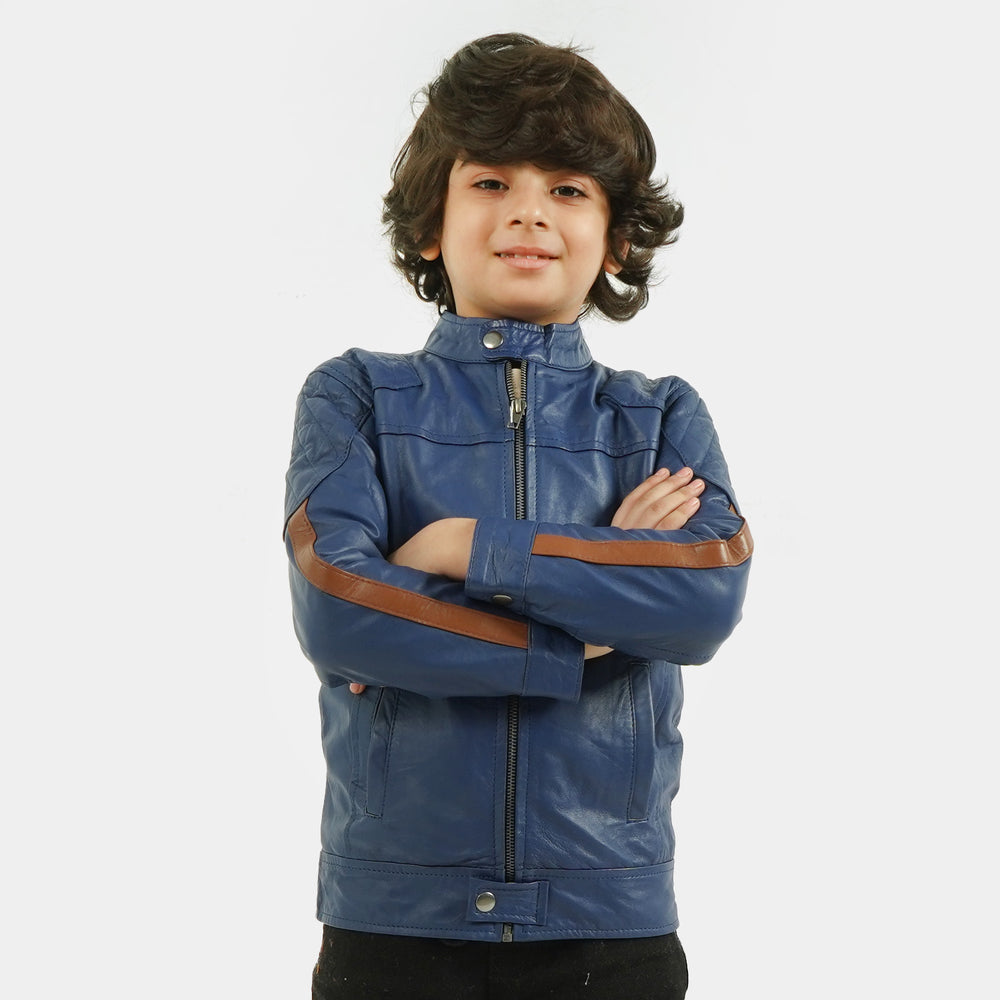 Boys Genuine Sheep Leather Jacket Sleeve Tape - NAVY