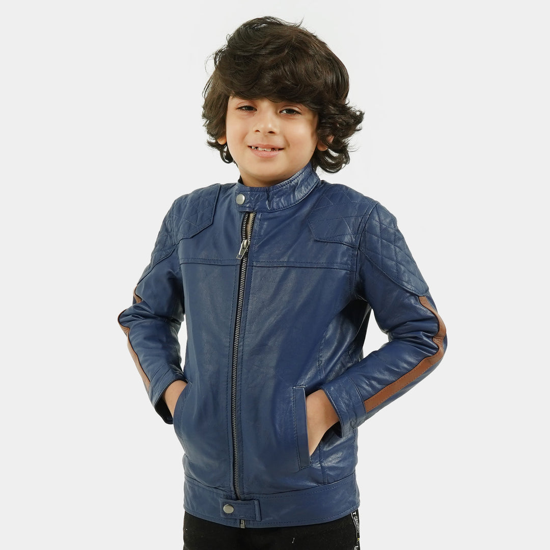 Boys Genuine Sheep Leather Jacket Sleeve Tape - NAVY