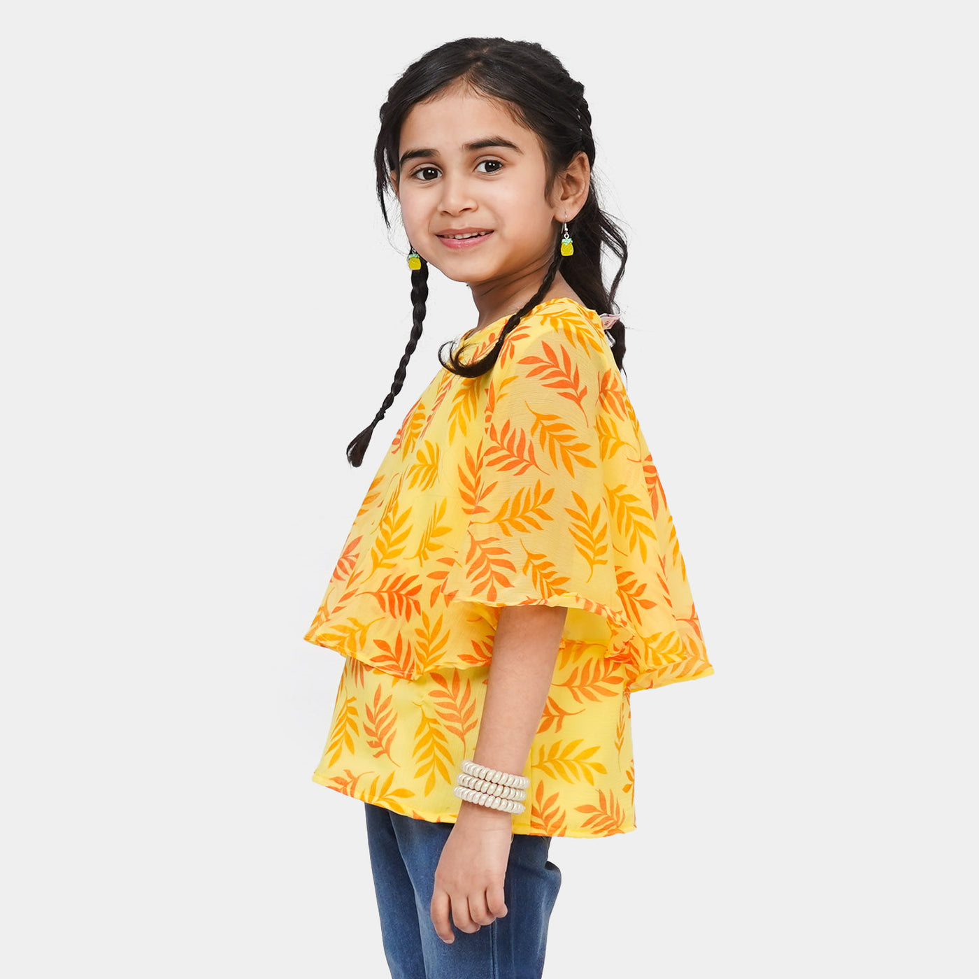 Girls Chiffon Casual Top Summer Leaves - Yellow