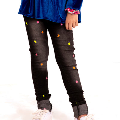 Star Denim Pant For Girls - Black