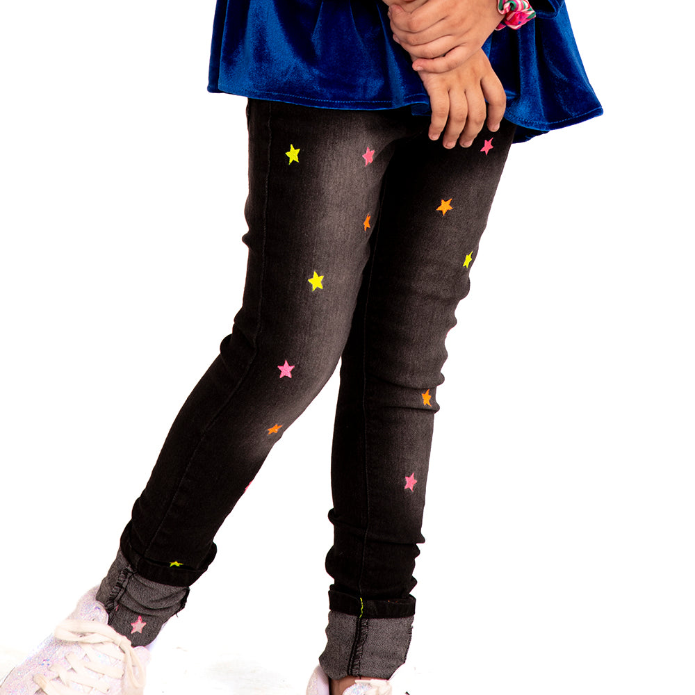 Star Denim Pant For Girls - Black