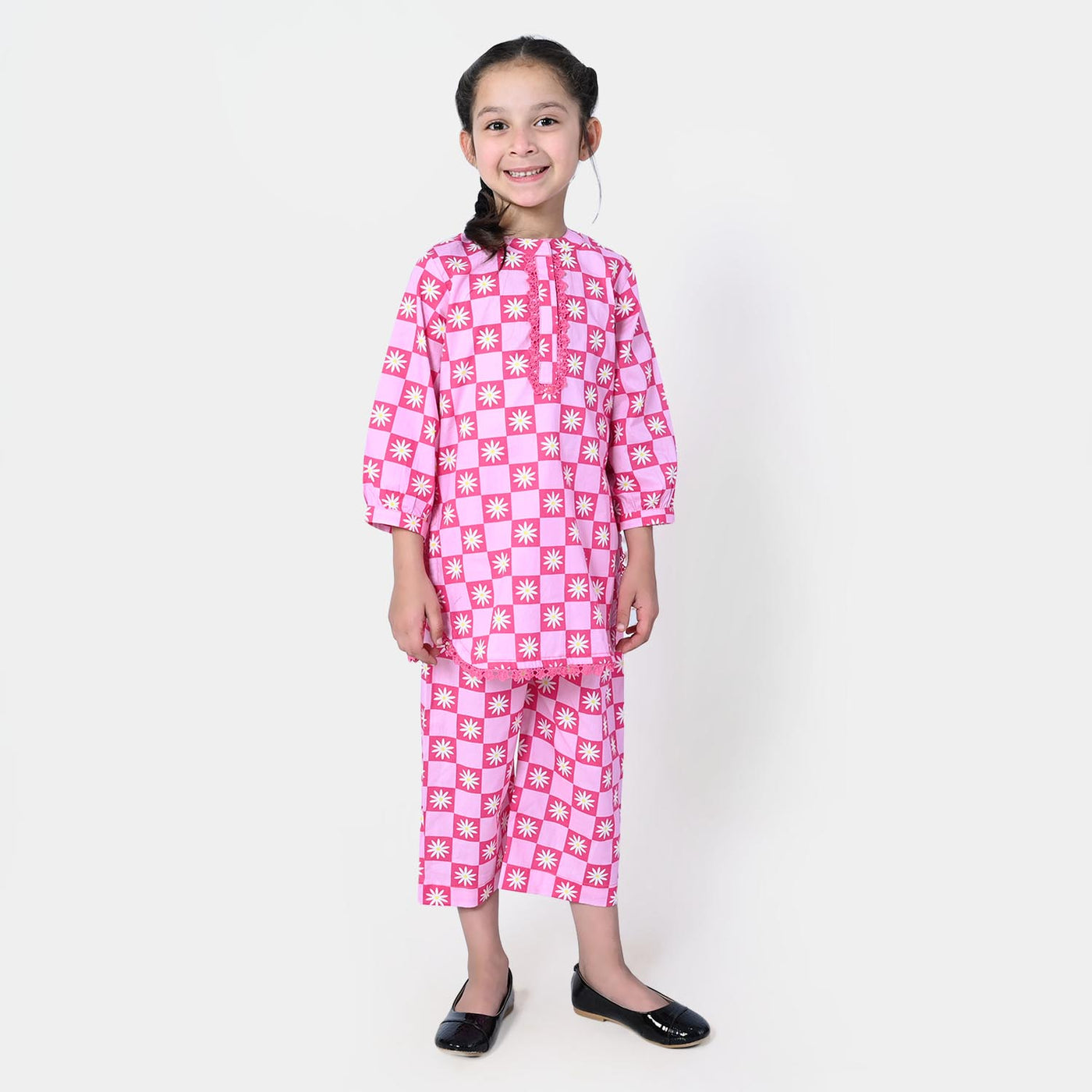 Girls Cotton Digital Print 2Pcs Suit Sun Flower - Pink