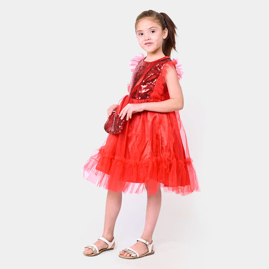 Girls Fancy Sequence Frock Rose Marie - Red