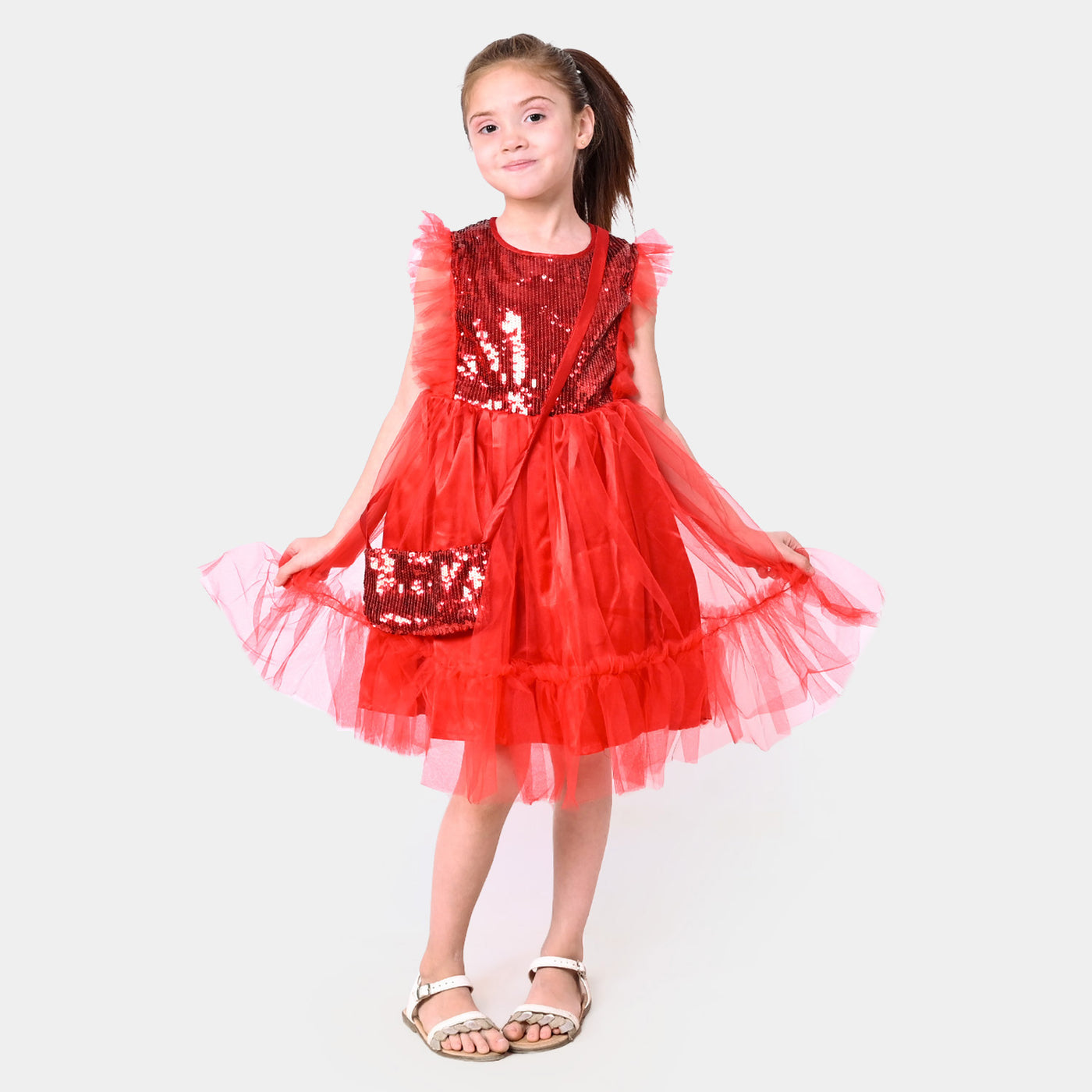 Girls Fancy Sequence Frock Rose Marie - Red