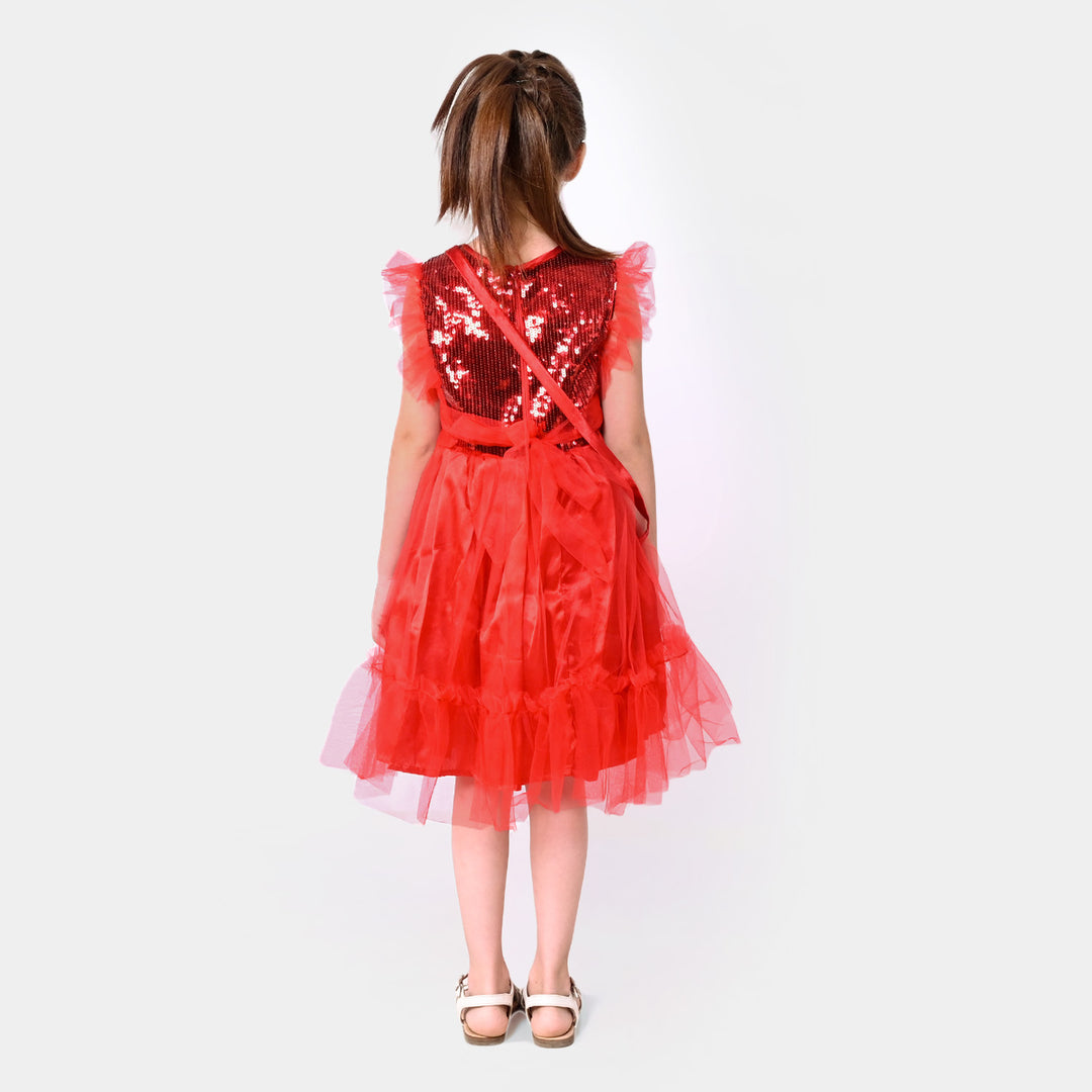 Girls Fancy Sequence Frock Rose Marie - Red