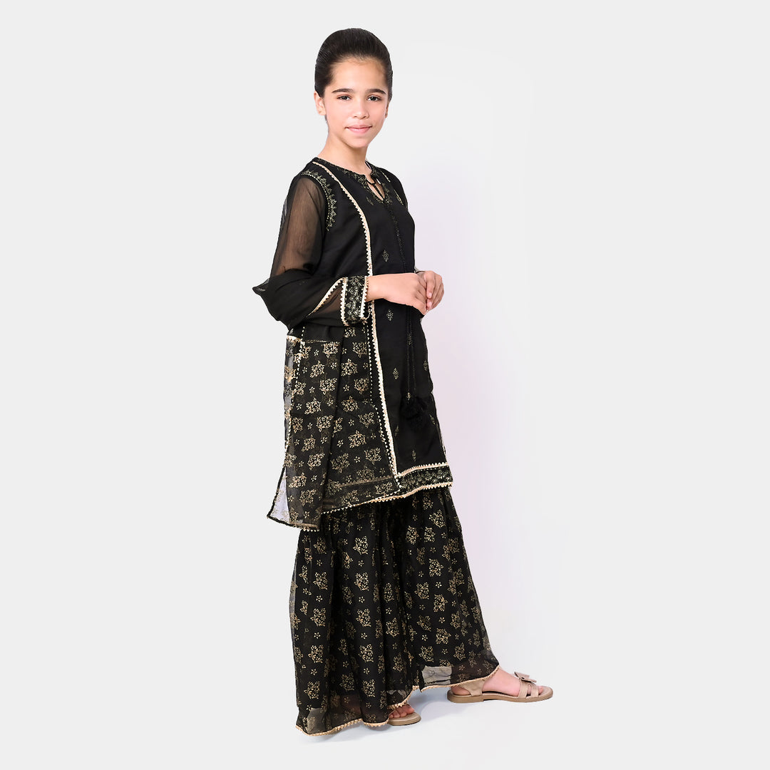 Girls Chiffon 3Pcs Suit - BLACK