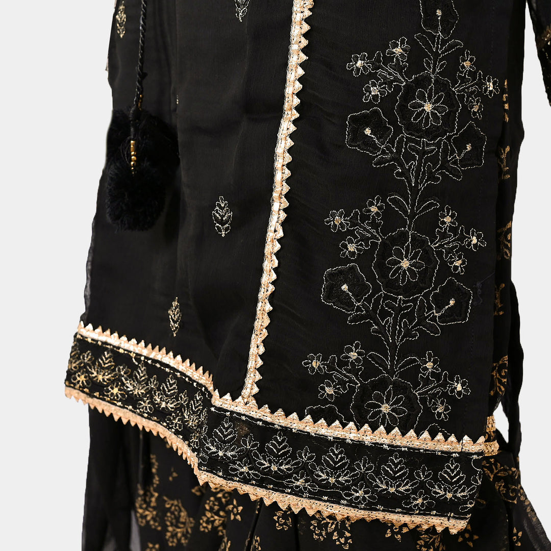 Girls Chiffon 3Pcs Suit - BLACK