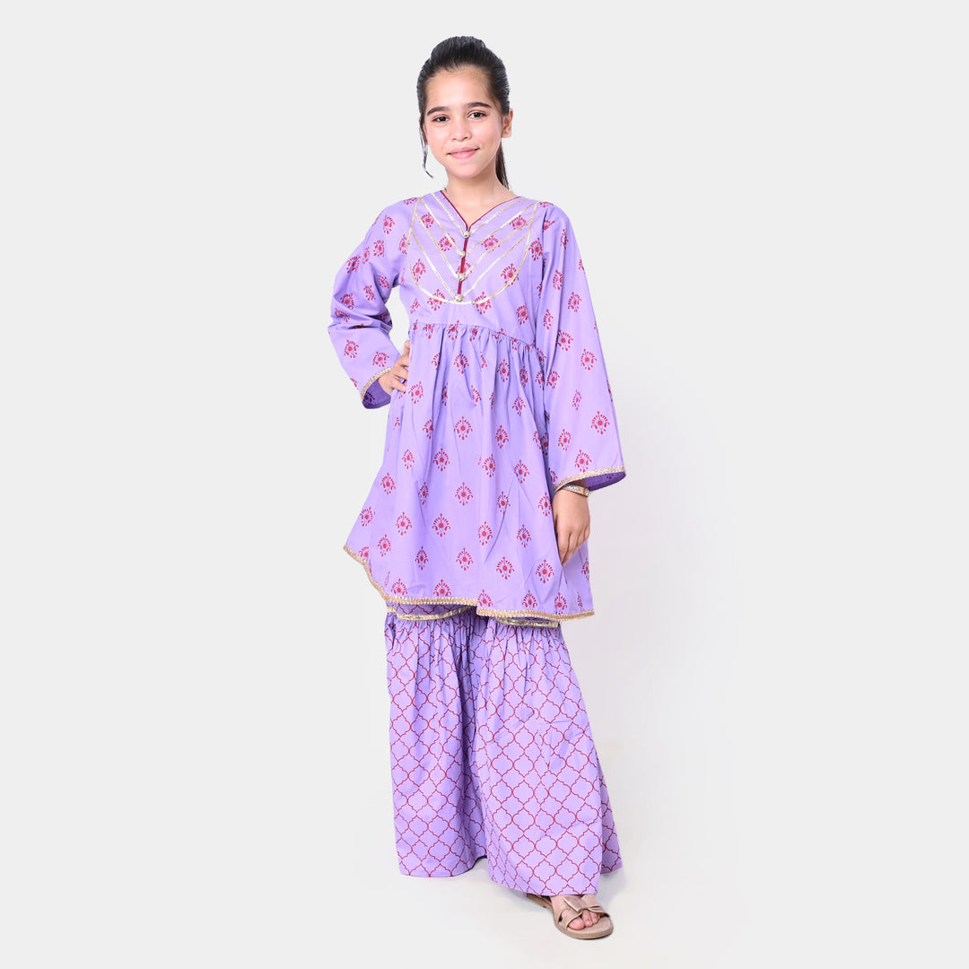 Girls Cotton Printed 2Pcs Suit - Purple