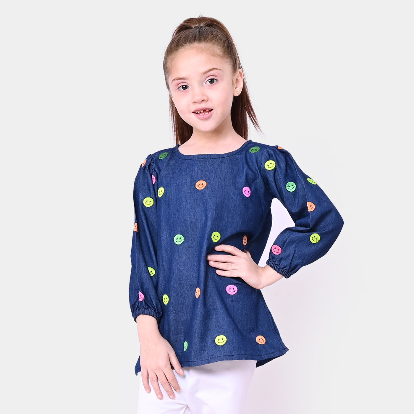 Girls Denim Top Multi Emoji - DARK BLUE