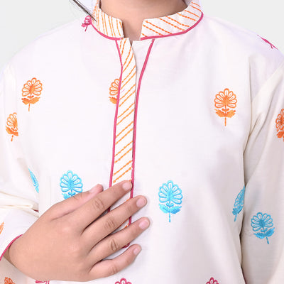 Girls Cotton Embroidered Kurti Bahaar - Off White