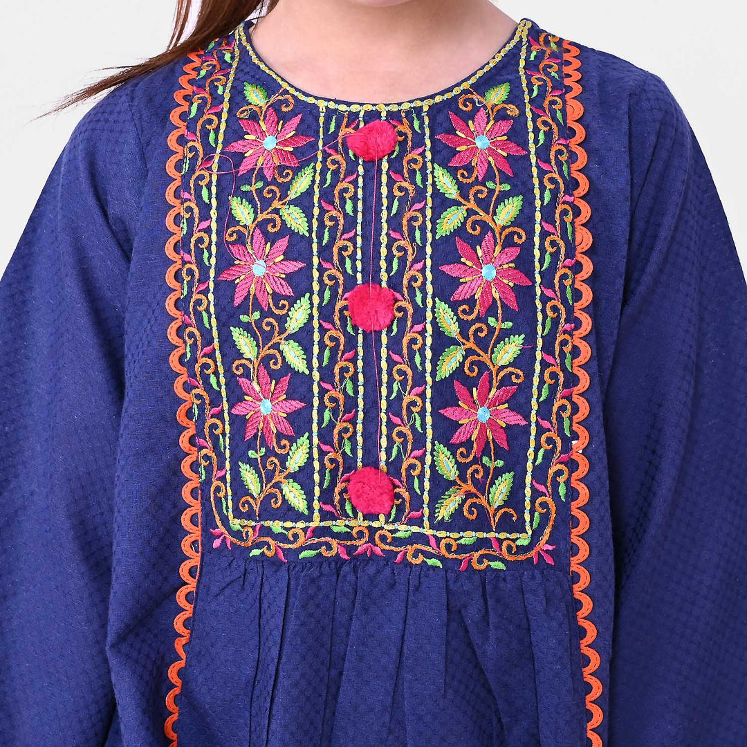 Girls Jacquard Embroidered Kurti Garden - NAVY