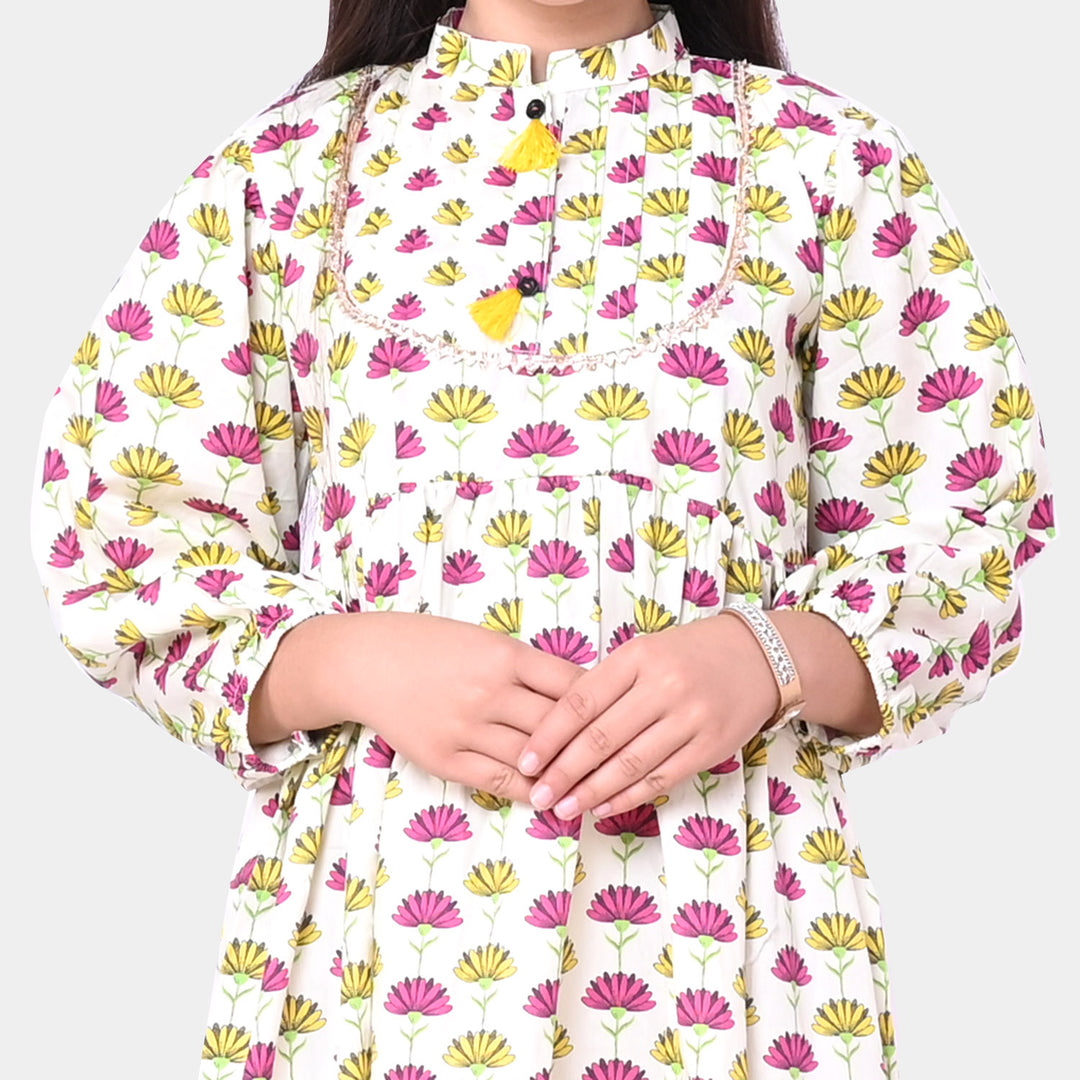 Girls Cotton Digital Print Long Kurti Daisy - Multi