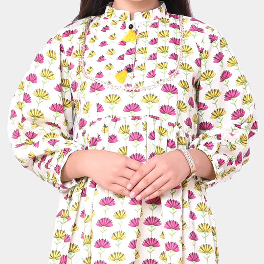 Girls Cotton Digital Print Long Kurti Daisy - Multi