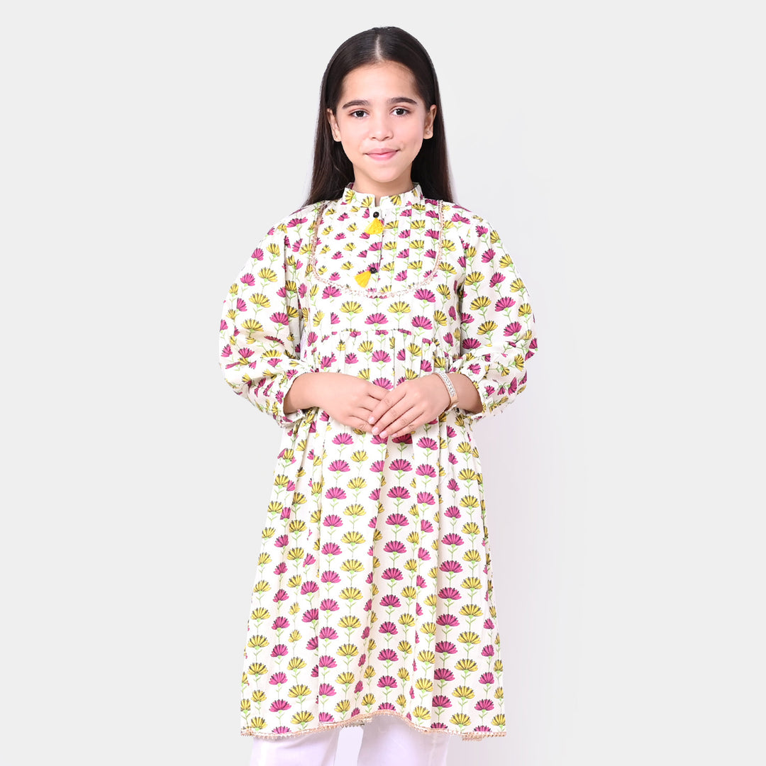 Girls Cotton Digital Print Long Kurti Daisy - Multi