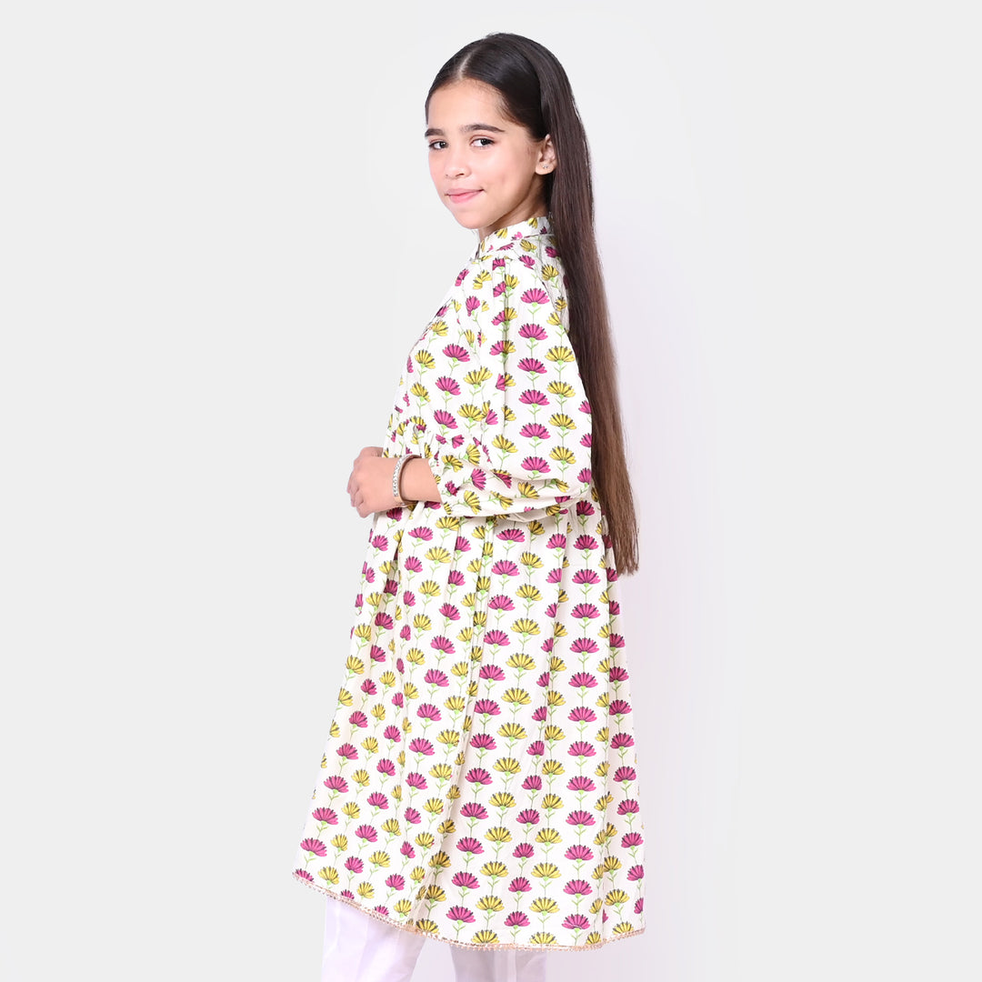 Girls Cotton Digital Print Long Kurti Daisy - Multi