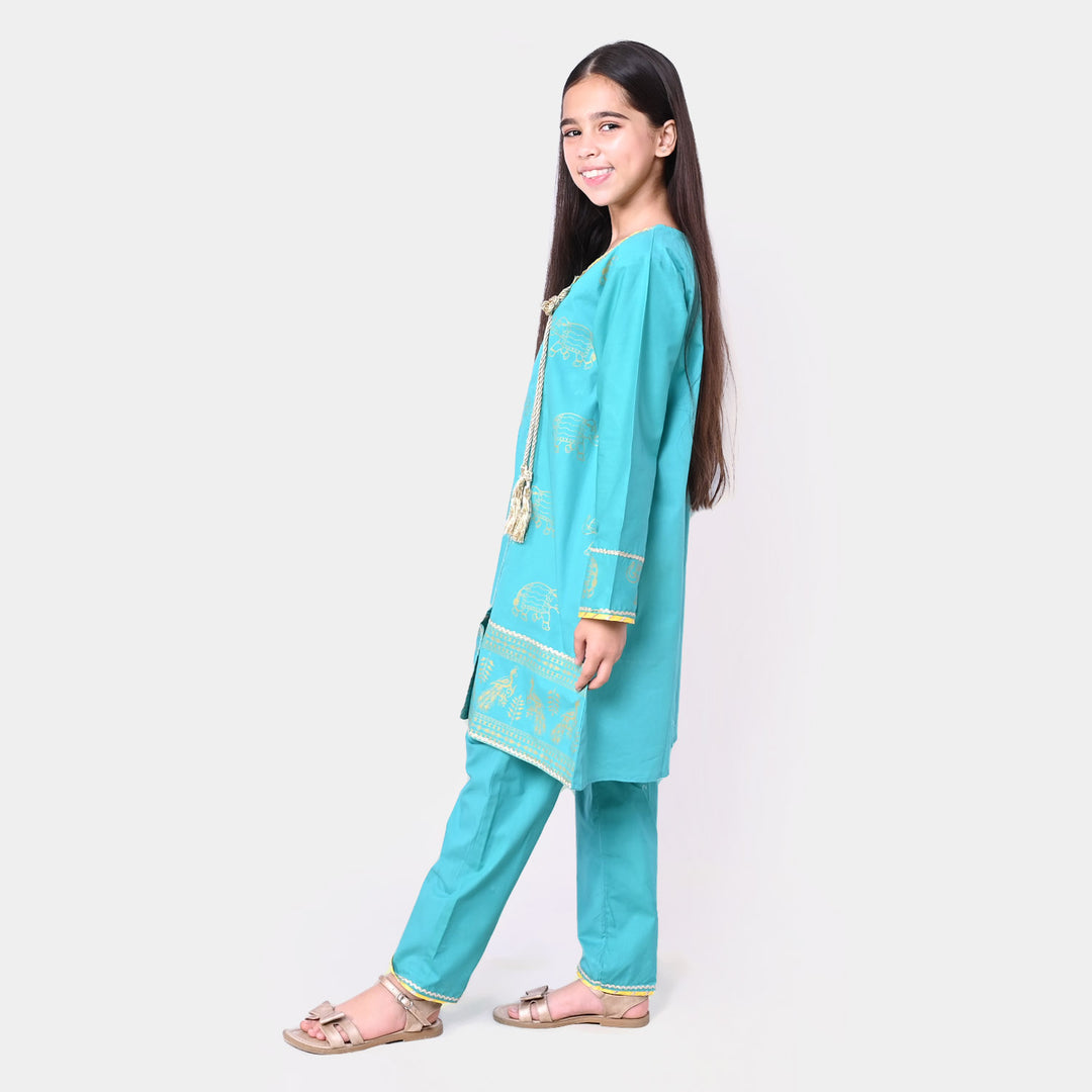 Girls Cotton Printed 2 Pcs Elephant - Teal Green