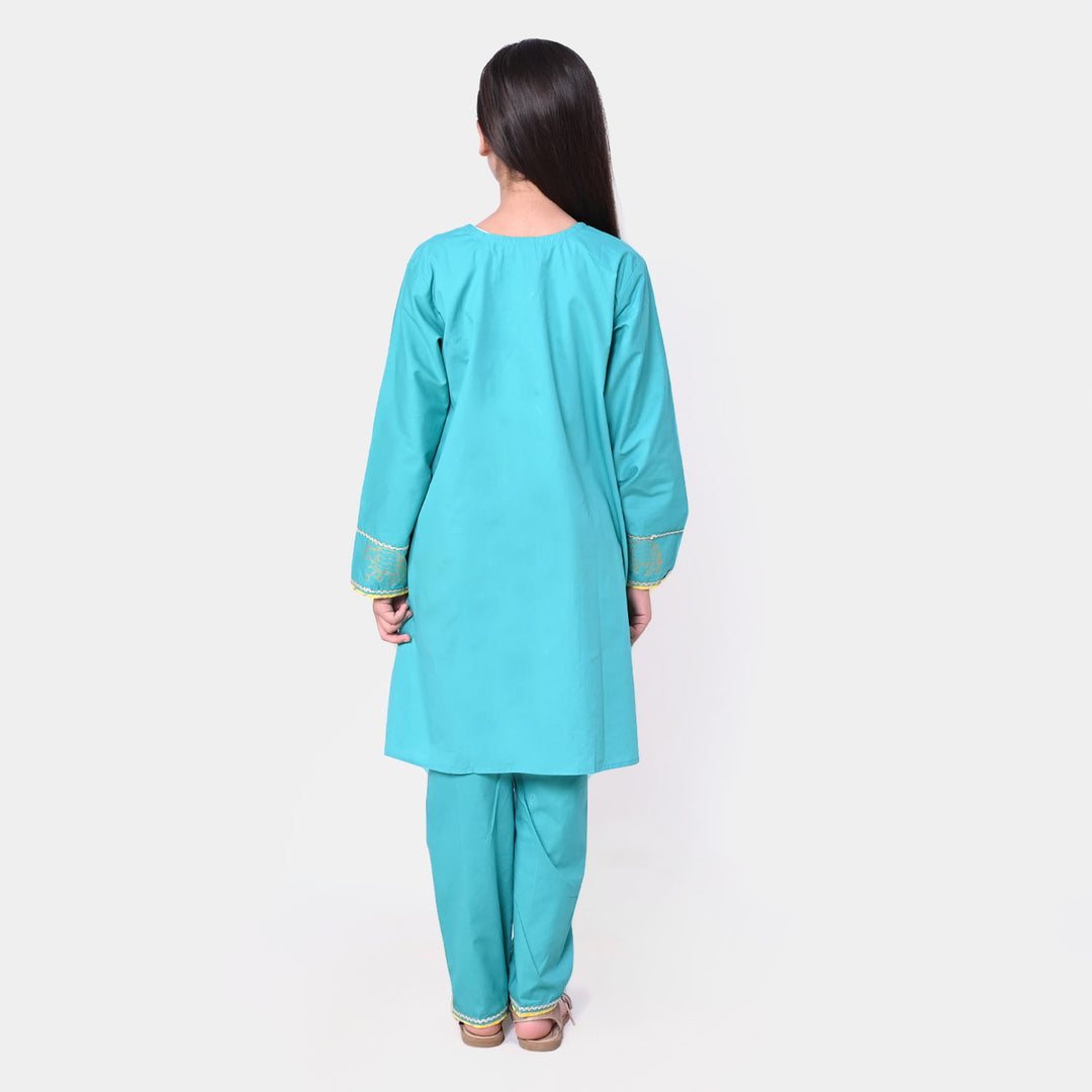 Girls Cotton Printed 2 Pcs Elephant - Teal Green