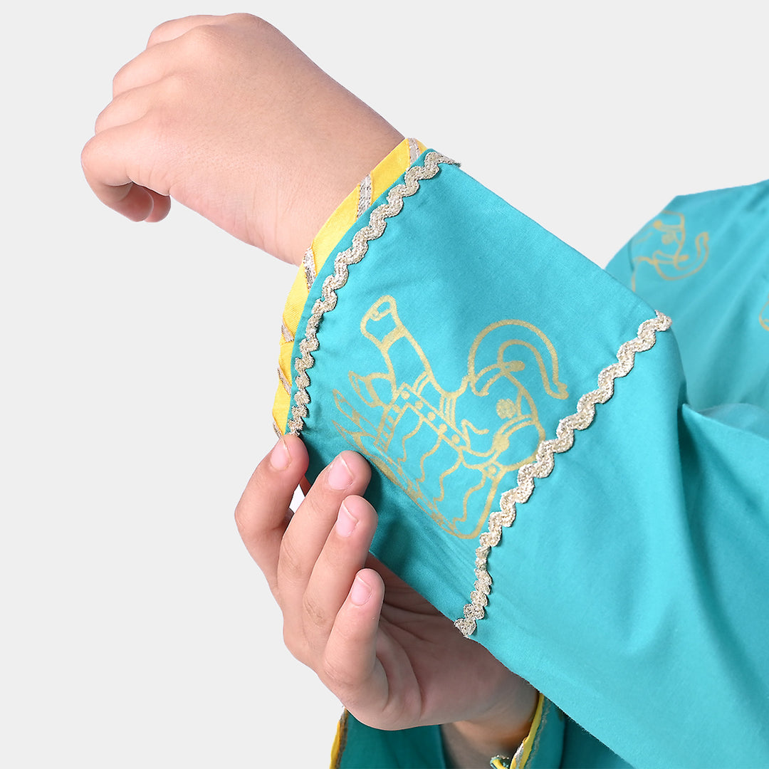 Girls Cotton Printed 2 Pcs Elephant - Teal Green