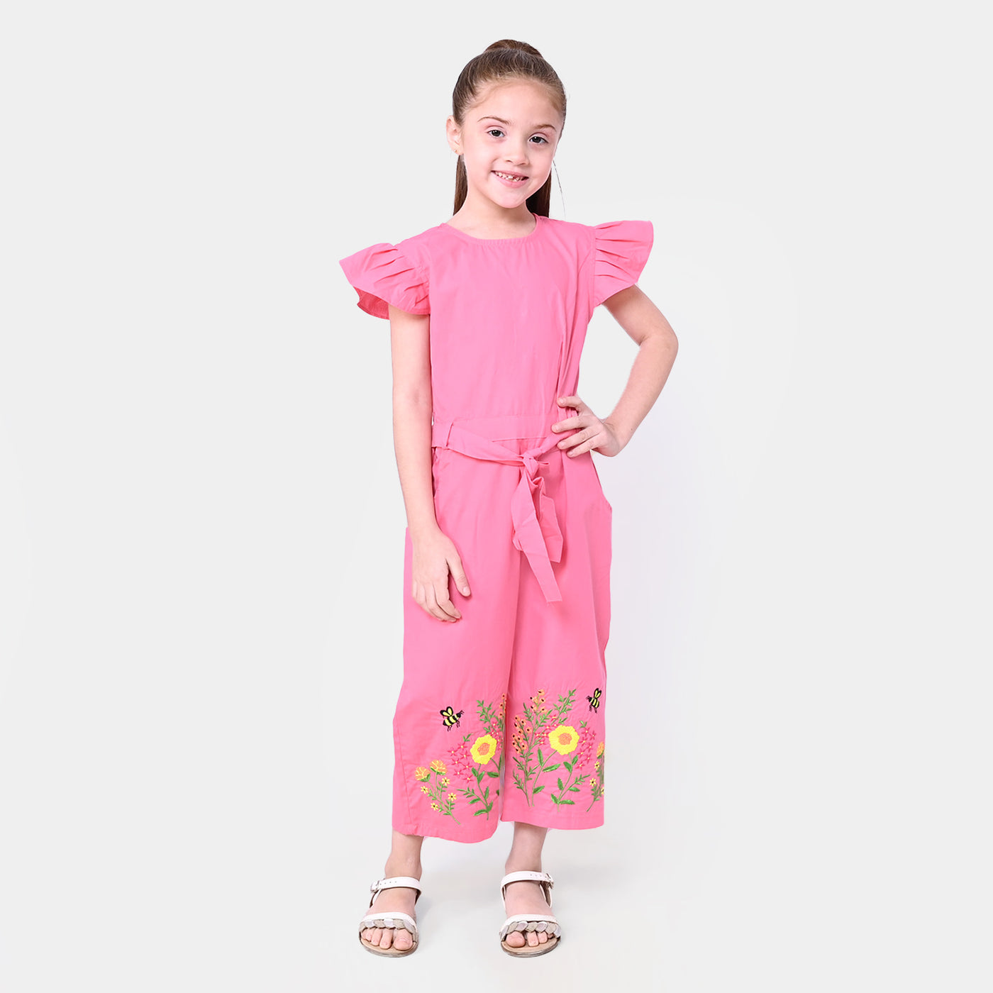 Girls Cotton Embroidered Jumpsuit Honey Bee - Tendor Peach