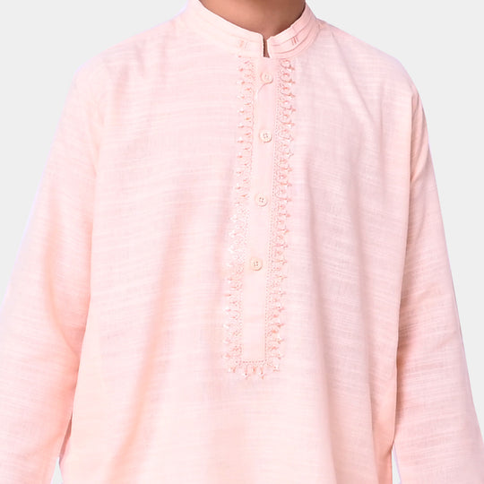 Boys Cotton Embroidered Kurta - Peach