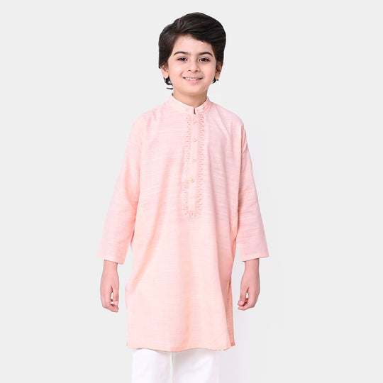 Boys Cotton Embroidered Kurta - Peach