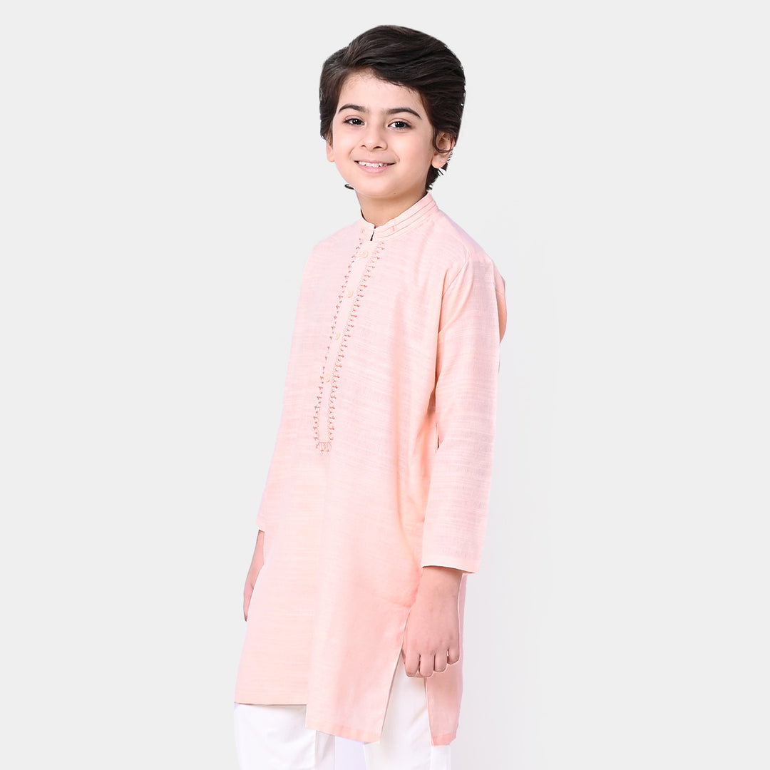 Boys Cotton Embroidered Kurta - Peach