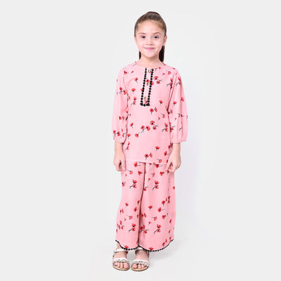 Girls Cotton 2 PCs Suit Floral | Peach