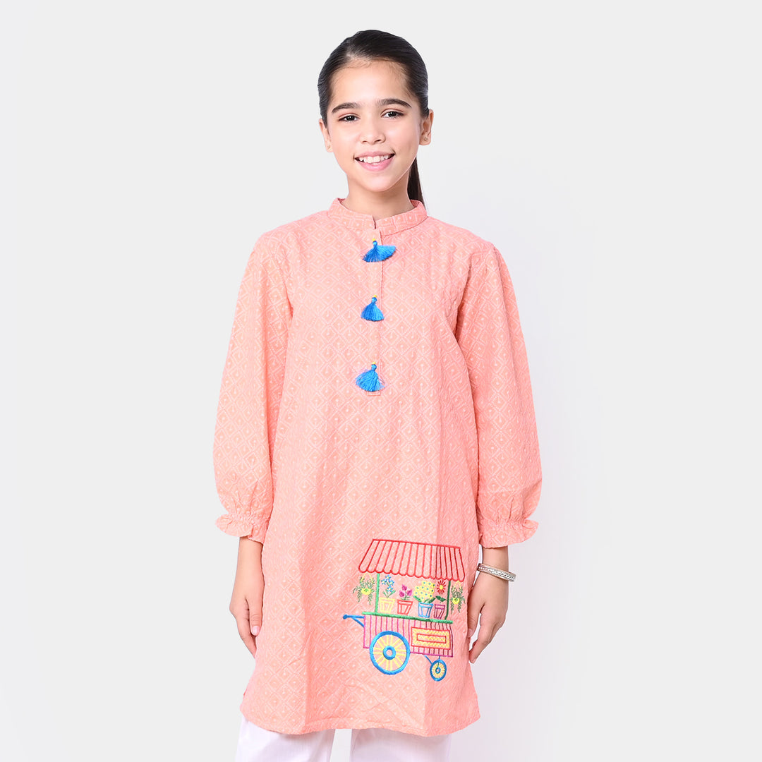 Girls Chicken Embroidered Kurti Plant Cart - Peach