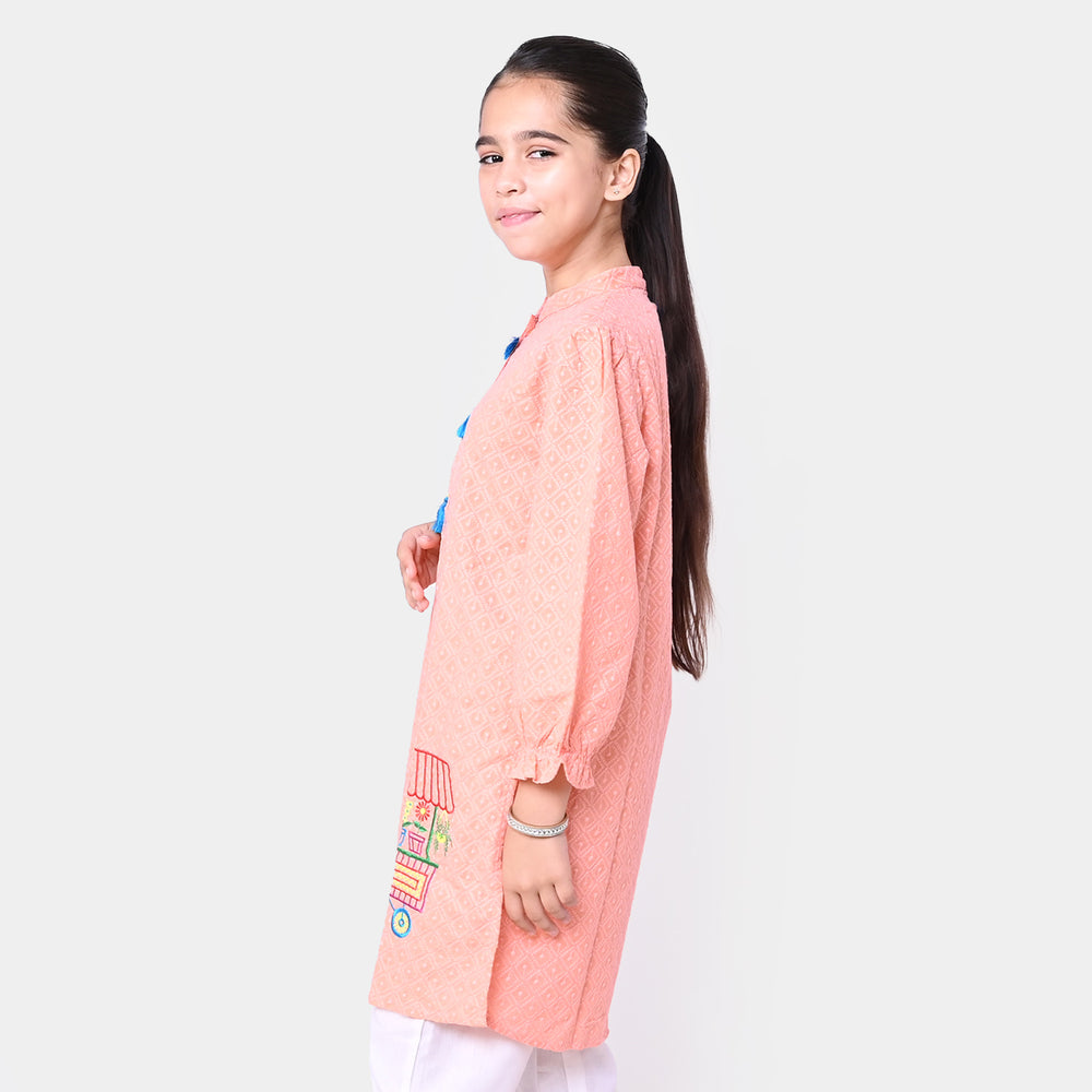 Girls Chicken Embroidered Kurti Plant Cart - Peach