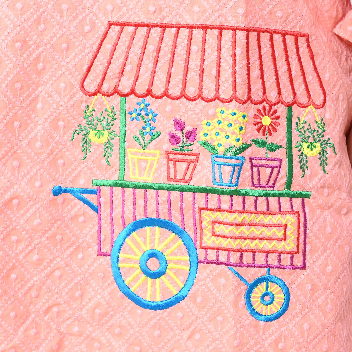 Girls Chicken Embroidered Kurti Plant Cart - Peach