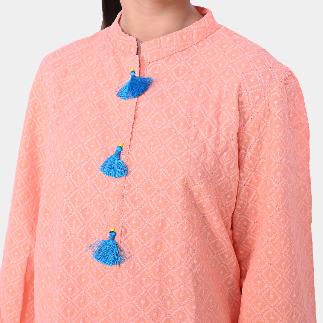 Girls Chicken Embroidered Kurti Plant Cart - Peach