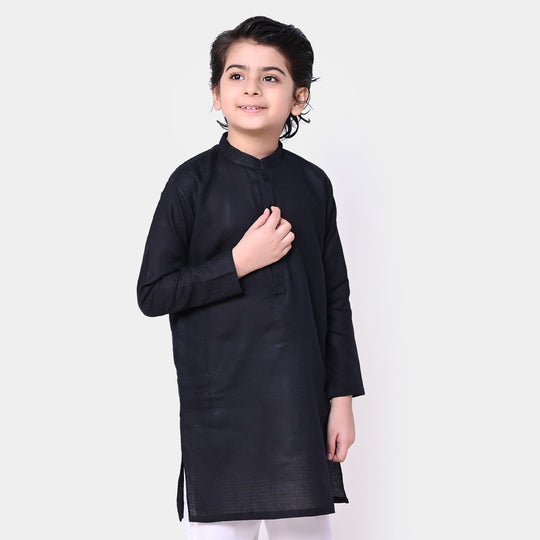 Boys Jacquard Basic Kurta - BLACK