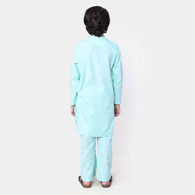 Boys Embroidered Cotton Kurta Pajama Suit - Mint Green