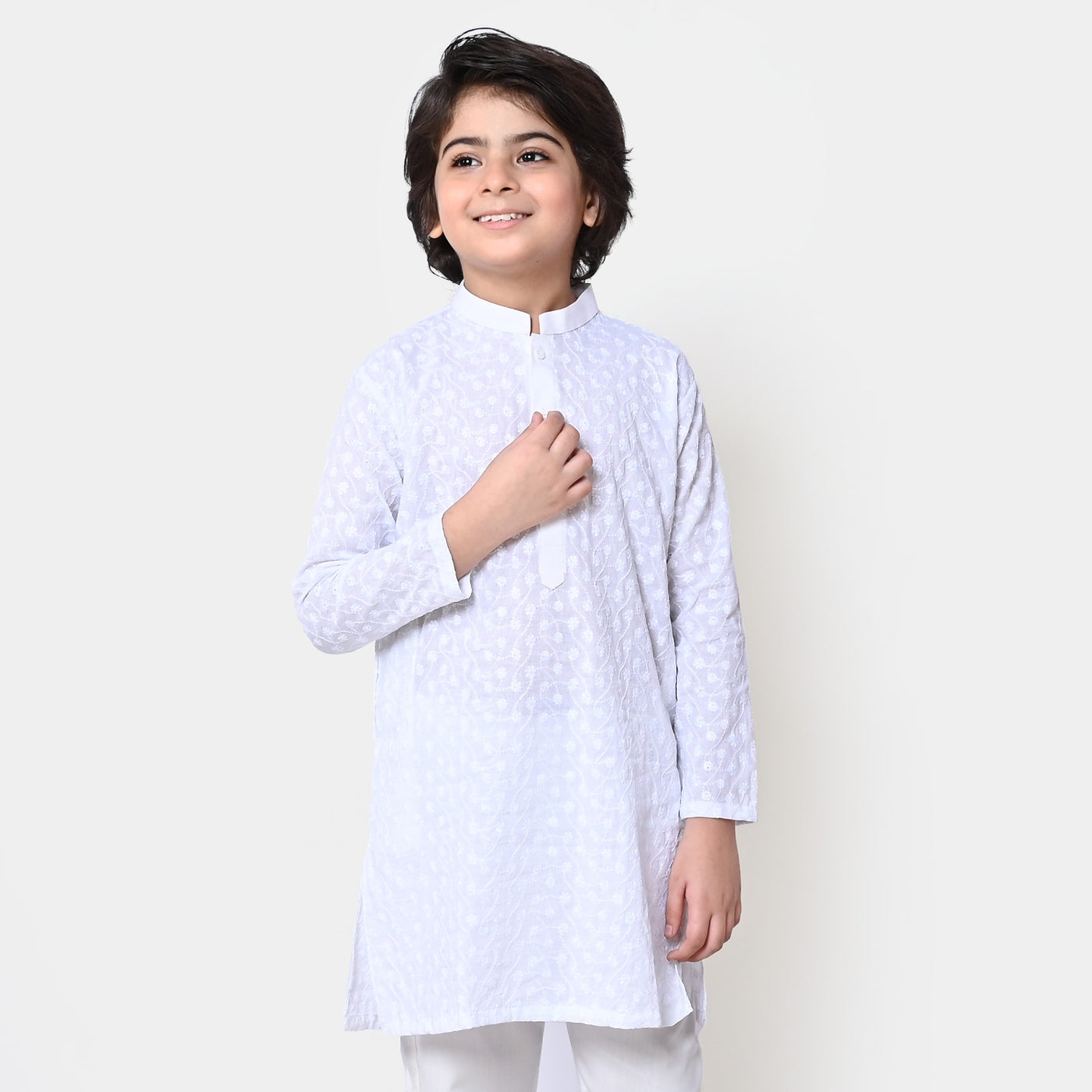 Boys Chikankari Basic Kurta  - White