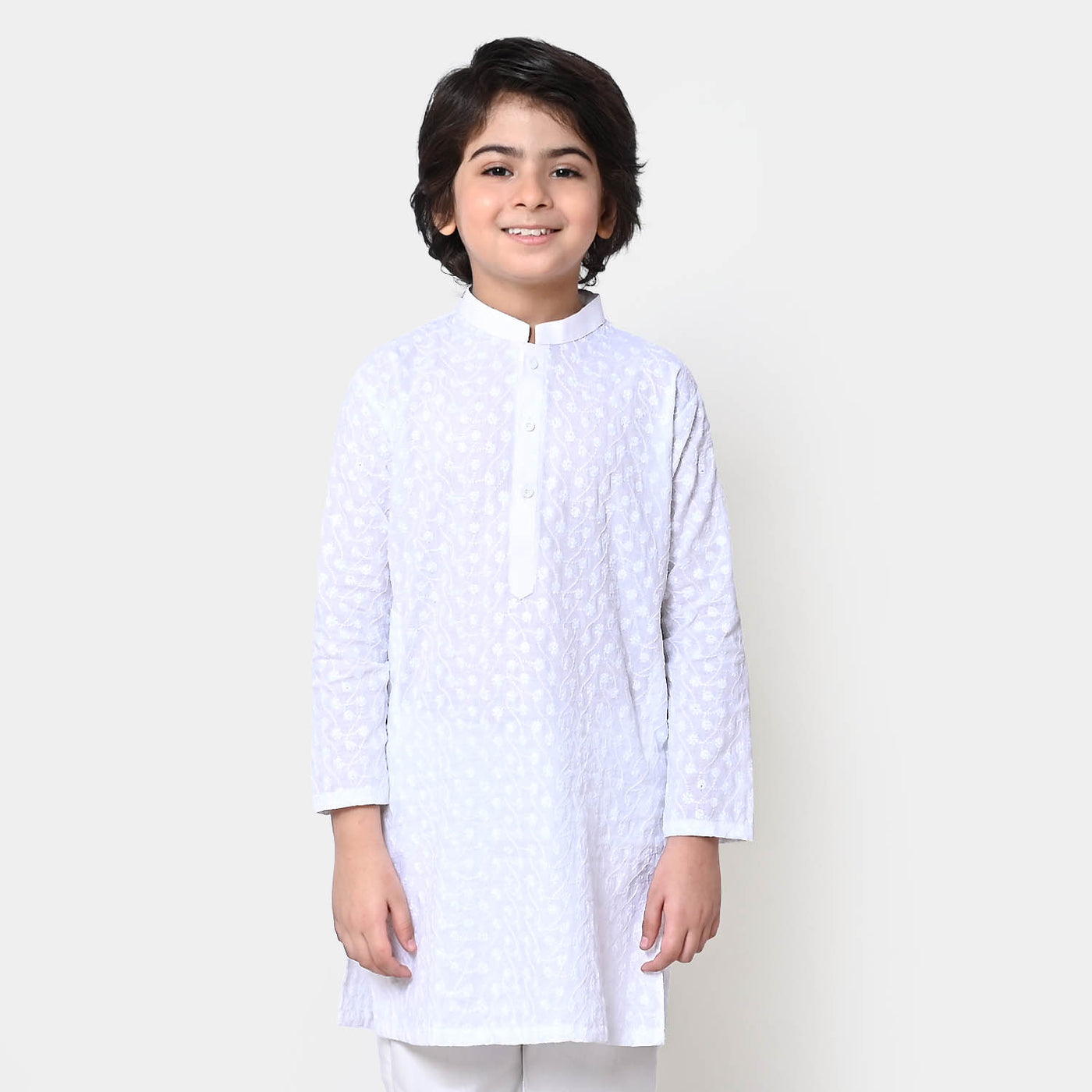 Boys Chikankari Basic Kurta  - White