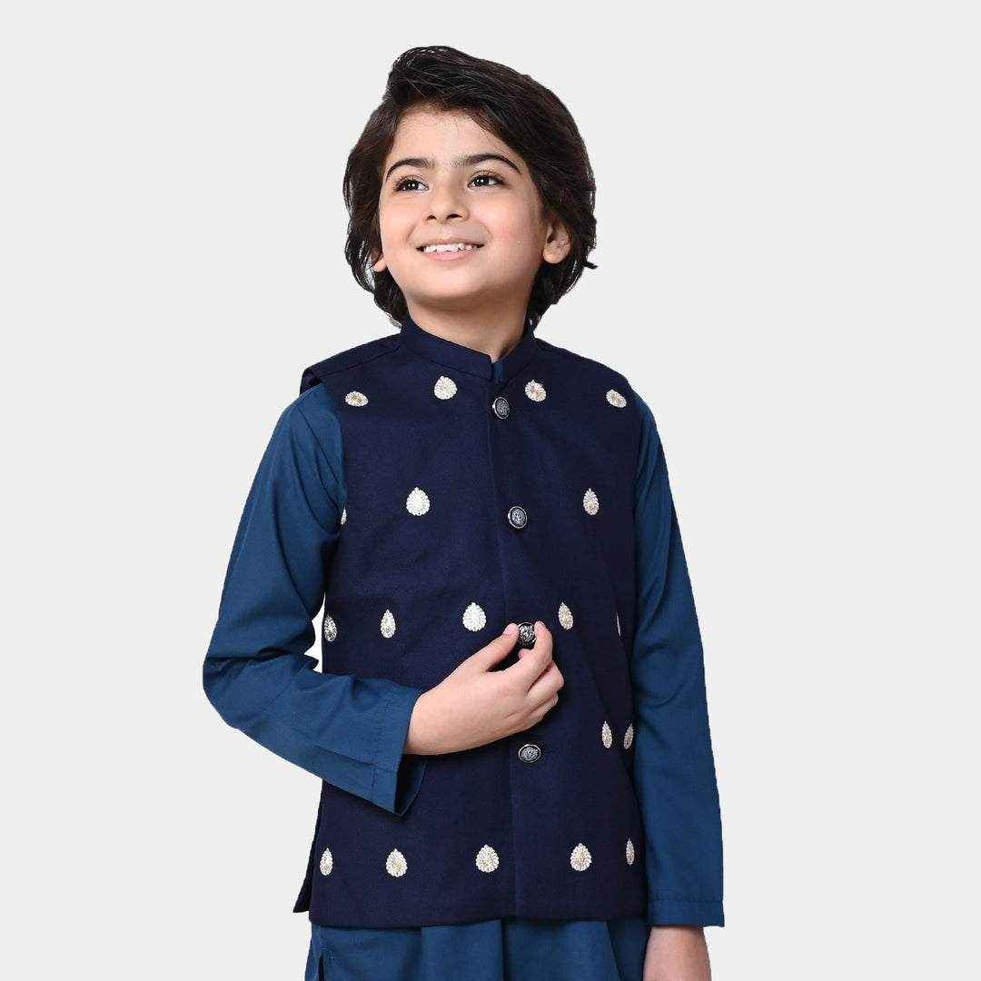 Boys Embroidered Viscose Waist Coat  - Navy Blue